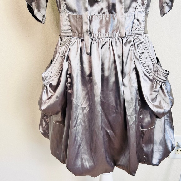 Y2K Silver Satin V-Neck Neck Tie Short Sleeve Bubble Mini Dress - Picture 11 of 16